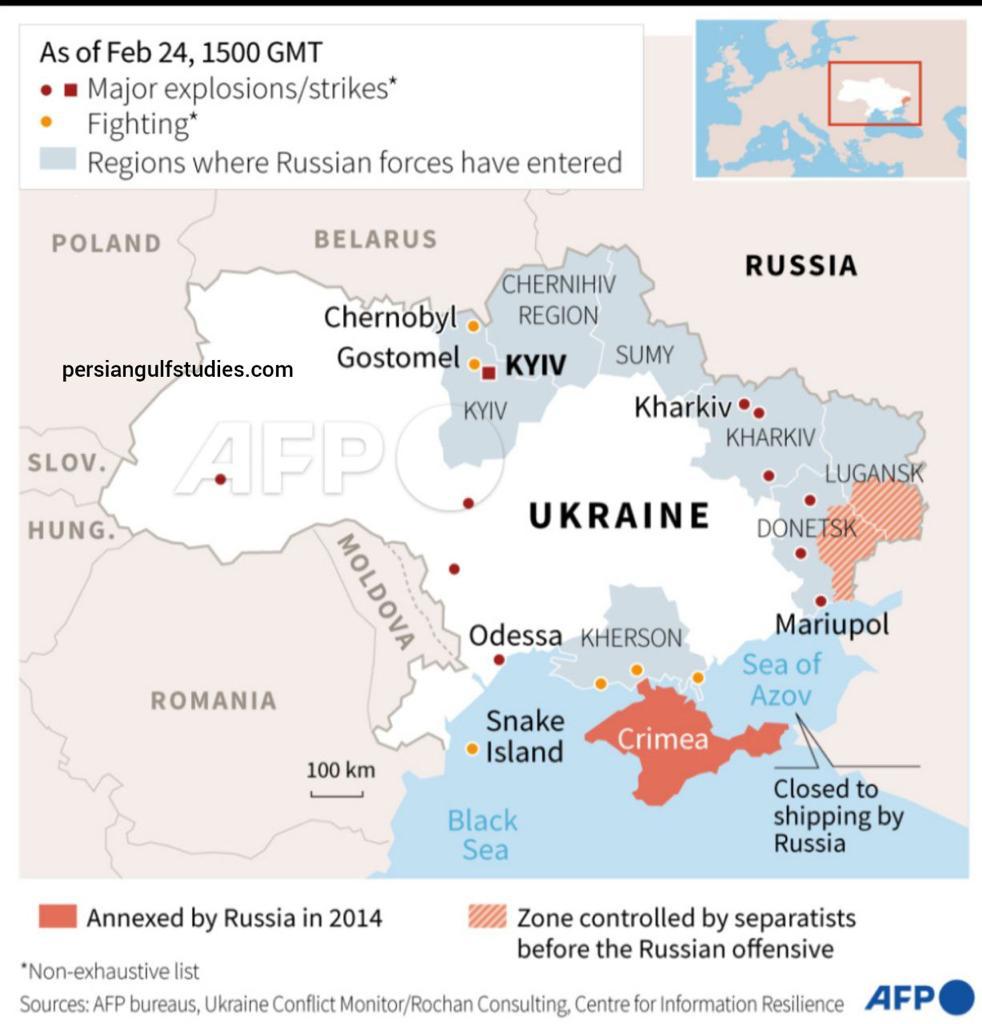 آخرین بروزرسانی نقشه اوکراین پس از روز اول جنگ (تصویر)