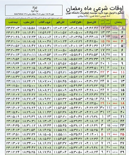 اوقات شرعی ماه رمضان ۱۴۰۲ و ۱۴۰۳ در یزد + جدول