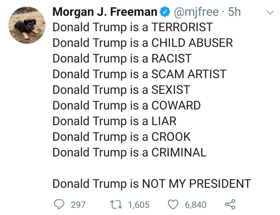 توئیت مورگان جی فریمن (کارگردان هالیوودی): ترامپ یک تروریست است، او رئیس جمهور من نیست!