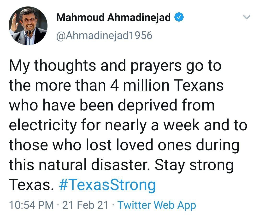 توييت جديد احمدى نژاد: تگزاس قوی باش!