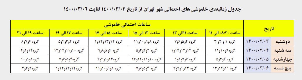 جدول زمانبندی قطع برق تهران در پنجم خرداد