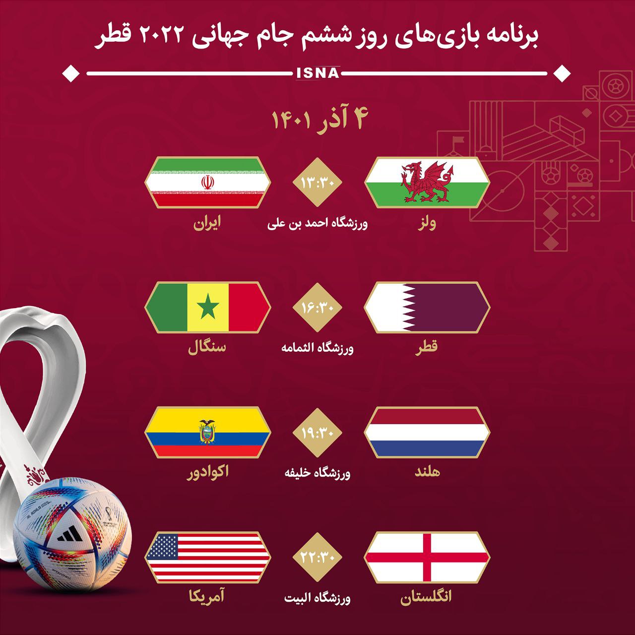ساعت ديدار ايران - ولز و برنامه روز ششم جام جهانى ٢٠٢٢ قطر