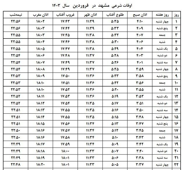 اوقات شرعی (اذان صبح، اذان ظهر و اذان مغرب) رمضان ۱۴۰۲ و ۱۴۰۳ در مشهد  + جدول