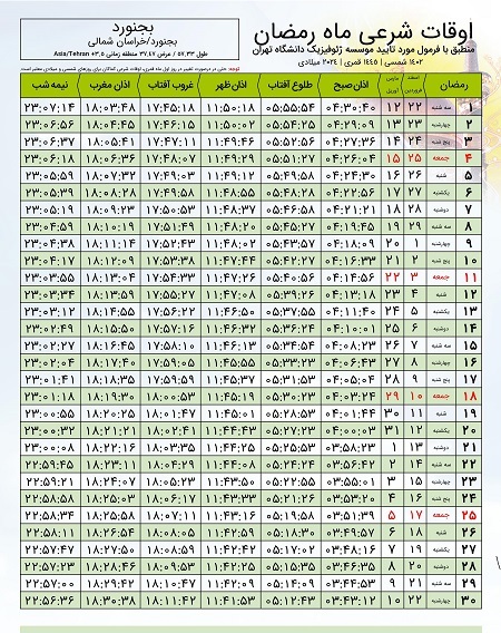 اوقات شرعی ماه رمضان ۱۴۰۲ و ۱۴۰۳ در بجنورد + جدول