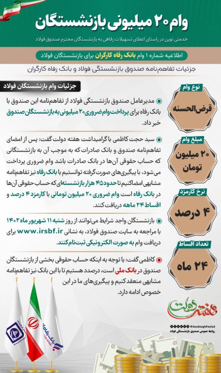 ۴۵ هزار بازنشسته فولاد وام  ۲۰ میلیون تومانی می گیرند (جزييات)