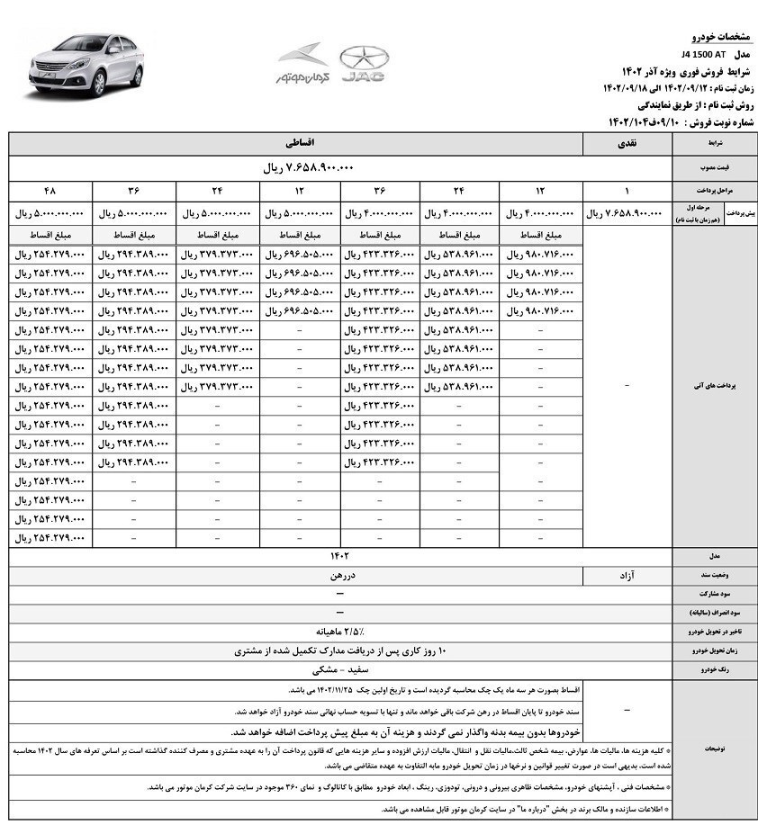 فروش اقساطی خودرو جک J۴ با تحویل ۱۰ روزه +جدول