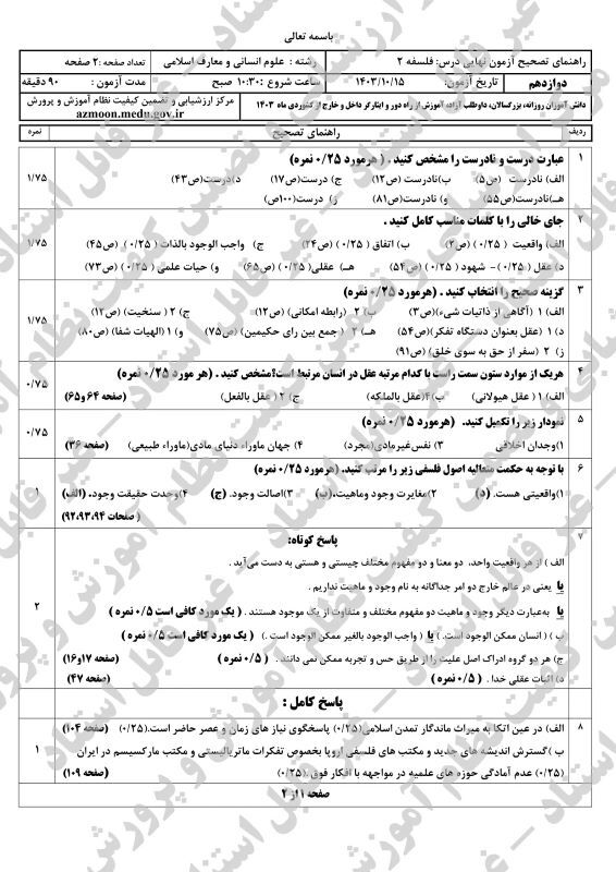 پاسخنامه امتحان نهایی فلسفه انسانی و معارف دوازدهم دی ماه ۱۴۰۳ - امتحانات آموزش و پرورش