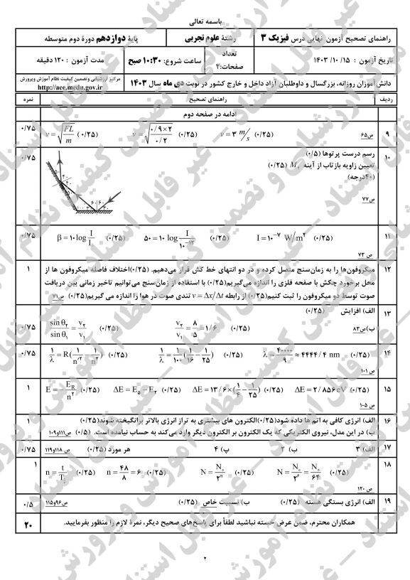 پاسخنامه امتحان نهایی فیزیک تجربی دوازدهم دی ماه ۱۴۰۳ - امتحانات آموزش و پرورش