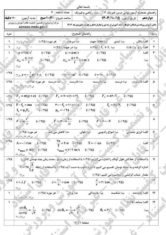 پاسخنامه امتحان نهایی فیزیک ریاضی دوازدهم دی ماه ۱۴۰۳ - امتحانات آموزش و پرورش