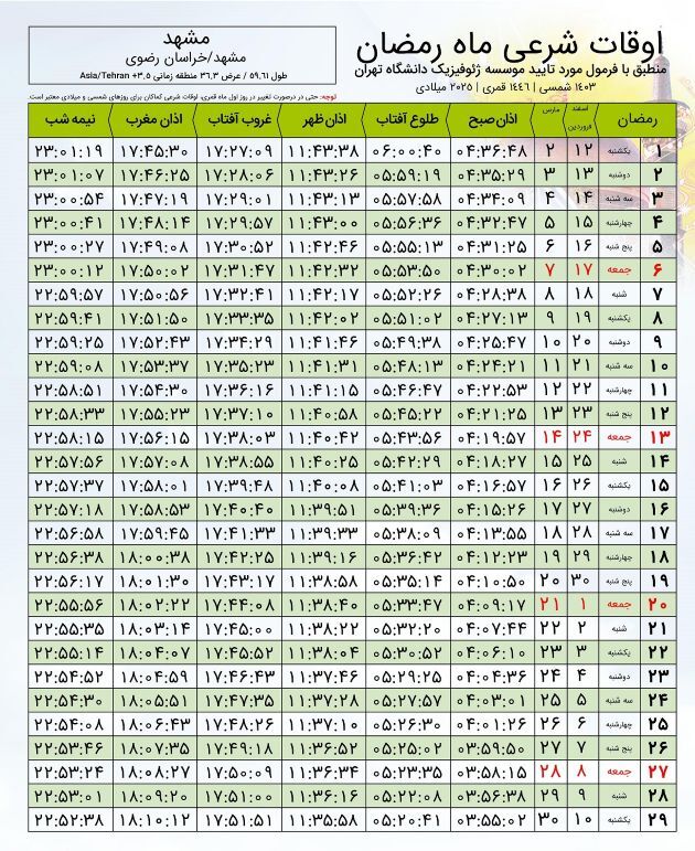 اوقات شرعی ماه رمضان در مشهد (۱۴۰۳ و ۱۴۰۴) + جدول ساعت اذان صبح، ظهر و مغرب