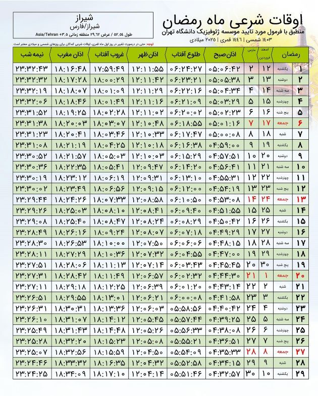 اوقات شرعی ماه رمضان در شیراز (۱۴۰۳ و ۱۴۰۴) + جدول ساعت اذان صبح، ظهر و مغرب