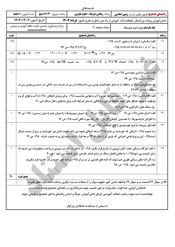 پاسخنامه تشریحی امتحان نهایی زمین شناسی یازدهم خرداد ۱۴۰۳/ امتحانات آموزش و پروش