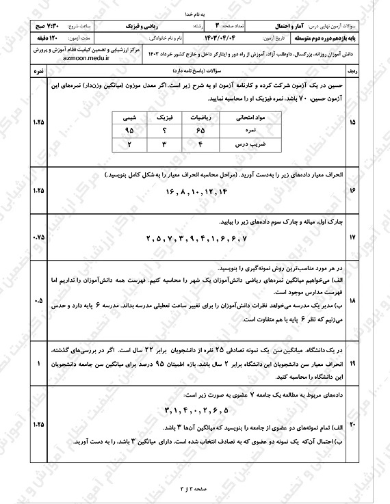 سوالات امتحان نهایی ریاضی و آمار یازدهم خرداد ۱۴۰۳ + پاسخنامه تشریحی/ امتحانات آموزش و پرورش