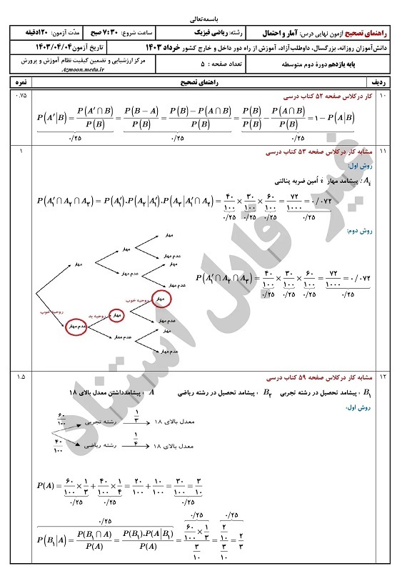 سوالات امتحان نهایی ریاضی و آمار یازدهم خرداد ۱۴۰۳ + پاسخنامه تشریحی/ امتحانات آموزش و پرورش
