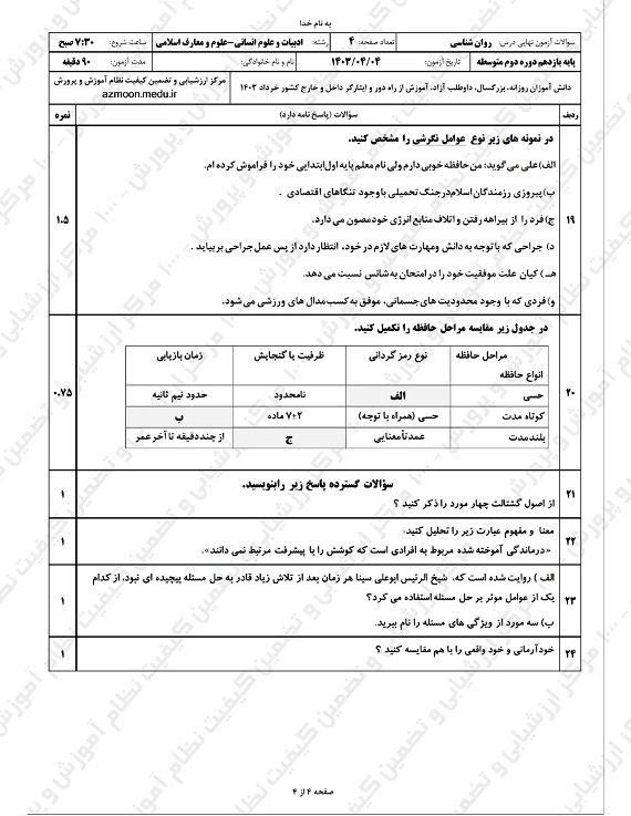 سوالات امتحان نهایی روانشناسی یازدهم خرداد ۱۴۰۳ + پاسخنامه تشریحی/ امتحانات آموزش و پرورش