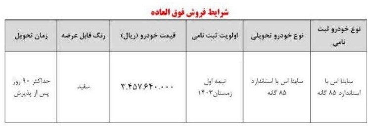 شرایط فروش فوق العاده ساینا S +جدول