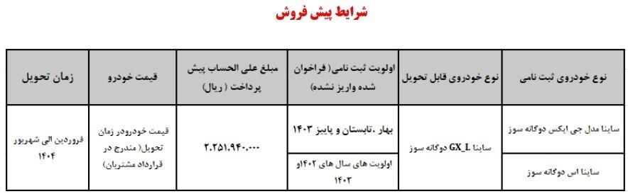 شرایط پیش فروش خودرو ساینا دوگانه سوز (آبان ۱۴۰۳)