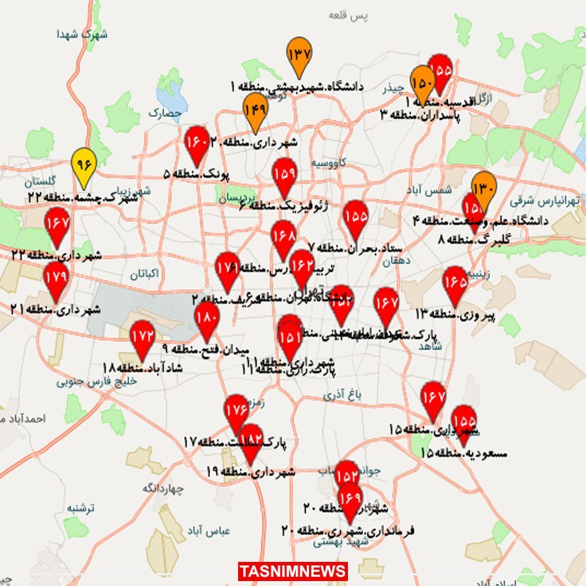 تهران در وضعیت قرمز: بدترین آلودگی هوا در این مناطق است (نقشه)