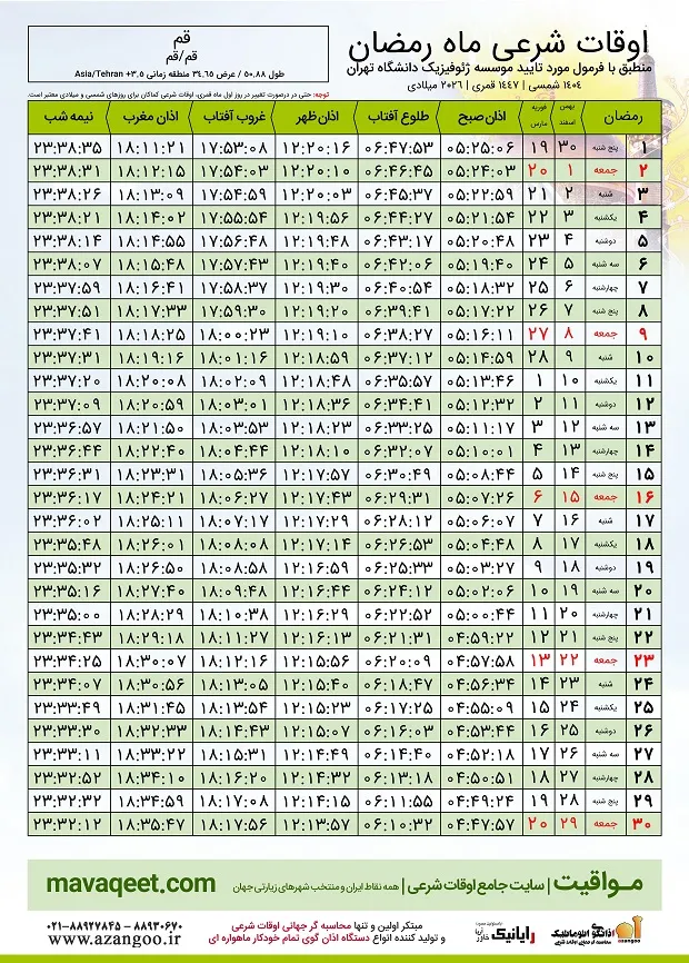 اوقات شرعی ماه رمضان ۱۴۰۴ قم + جدول ساعت اذان صبح، ظهر و مغرب اوقات شرعی ماه رمضان ۱۴۰۴ قم + جدول ساعت اذان صبح، ظهر و مغرب