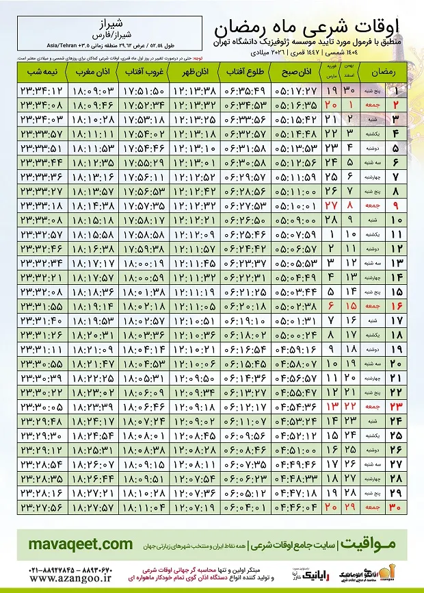 اوقات شرعی ماه رمضان ۱۴۰۴ شیراز+ جدول ساعت اذان صبح، ظهر و مغرب اوقات شرعی ماه رمضان ۱۴۰۴ شیراز+ جدول ساعت اذان صبح، ظهر و مغرب