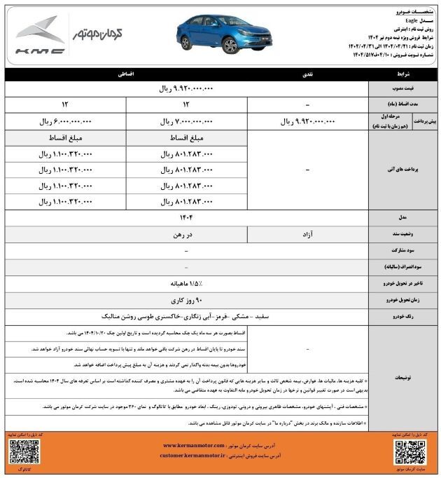 آغاز فروش اقساطی محصول جدید کرمان موتور (+جدول فروش و مشخصات خودرو)