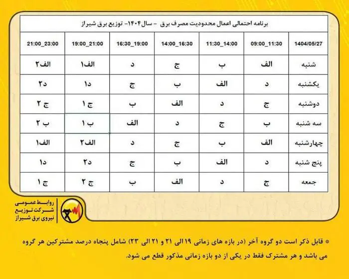 زمانبندی قطعی برق در شیراز ۴.۵ ساعته شد: اعلام برنامه جدید خاموشی‌ها (جدول)