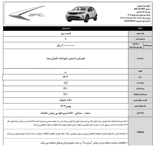 شرایط جدید فروش خودرو بک X۳ (شهریور ۱۴۰۴)