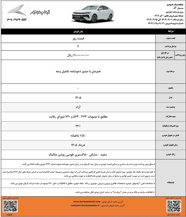 پیش فروش محصولات کرمان موتور با موعد تحویل خرداد 1405